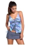 Women's Bluish Print Plunging V Neck 2Pc Tankini Skort Bottom Swimsuit