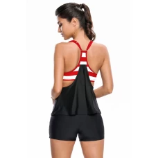 Womens 2Pcs Black White Striped Flow Double Up Racerback Tankini Swimsuit Set