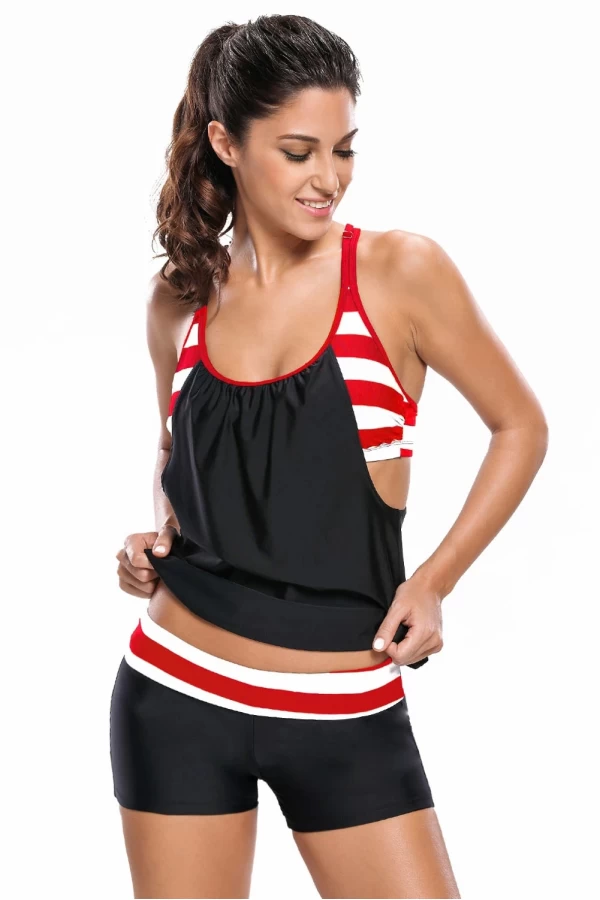 Womens 2Pcs Black White Striped Flow Double Up Racerback Tankini Swimsuit Set