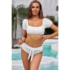 Womens 2Pcs White Sexy Bubble Sleeves Backless High Waist Bikini Set