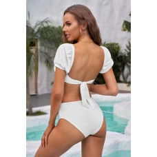 Womens 2Pcs White Sexy Bubble Sleeves Backless High Waist Bikini Set