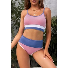 Womens 2Pcs Pink Low Neck Spaghetti Straps Colorblock Ribbed High Waist Bikini Set