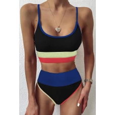 Womens 2Pcs Blue Low Neck Spaghetti Straps Colorblock Ribbed High Waist Bikini Set
