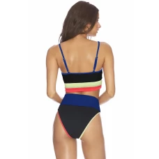 Womens 2Pcs Blue Low Neck Spaghetti Straps Colorblock Ribbed High Waist Bikini Set