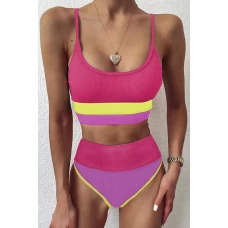 Womens 2Pcs Rose Low Neck Spaghetti Straps Colorblock Ribbed High Waist Bikini Set